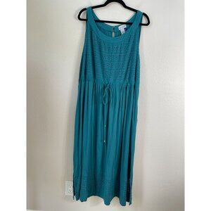 Catherines Womens Plus 3XWP Teal Sleeveless Crochet Maxi Dress Drawstring Waist